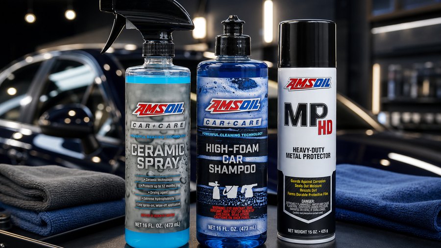 AMSOIL ceramic spray, car shampoo, and metal protector in an automotive detailing bay