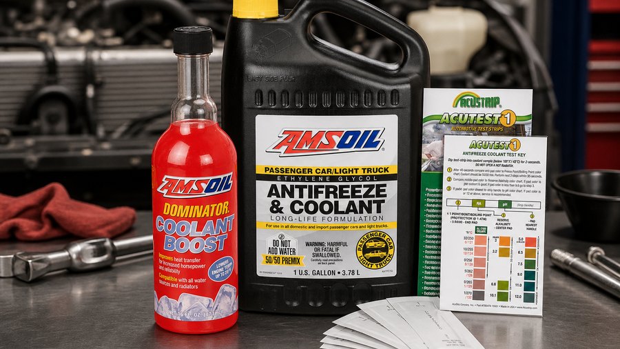 AMSOIL coolant boost, antifreeze jug, and coolant test strips in a cooling-system service bay