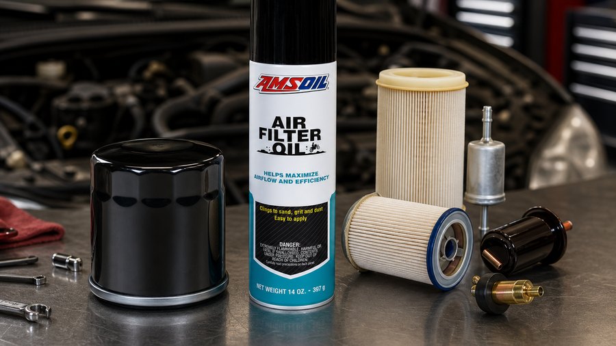 Oil filter, air filter oil, and fuel filters on an automotive service workbench