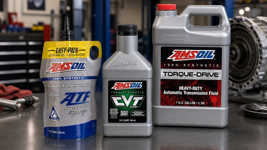 AMSOIL transmission fluid Easy-Pack, quart bottle, and gallon jug in a transmission service bay