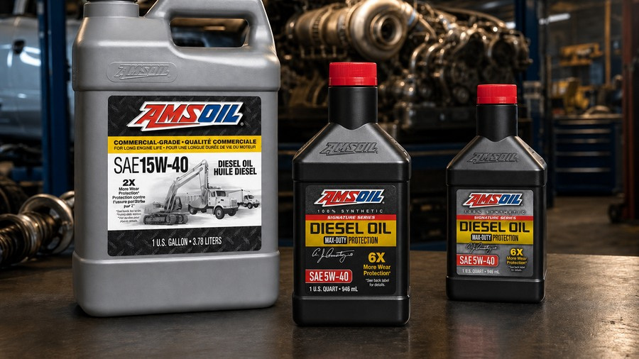 AMSOIL diesel motor oil gallon jug and two bottles in a heavy-duty diesel service bay