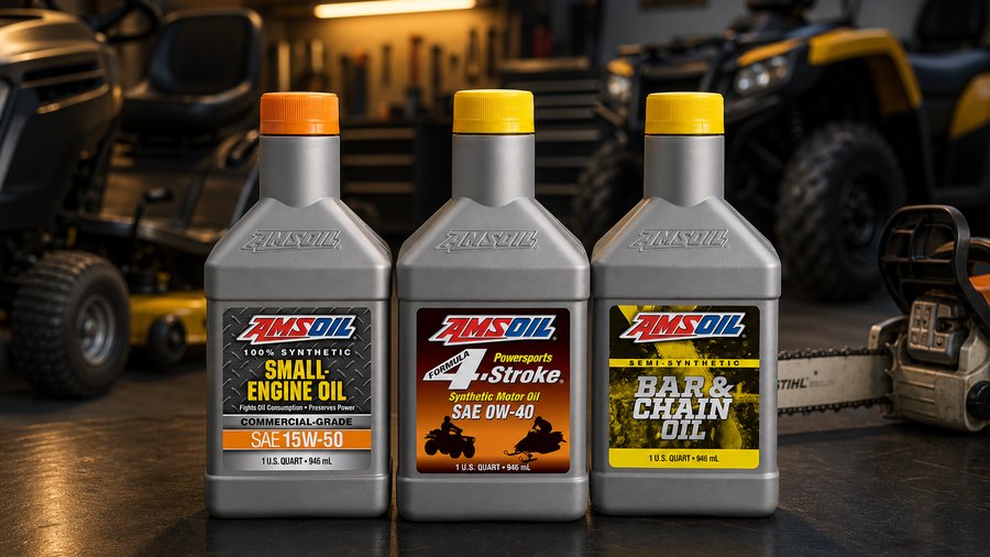 AMSOIL Small-Engine Oil, Formula 4-Stroke Oil, and Bar and Chain Oil in a power-equipment garage